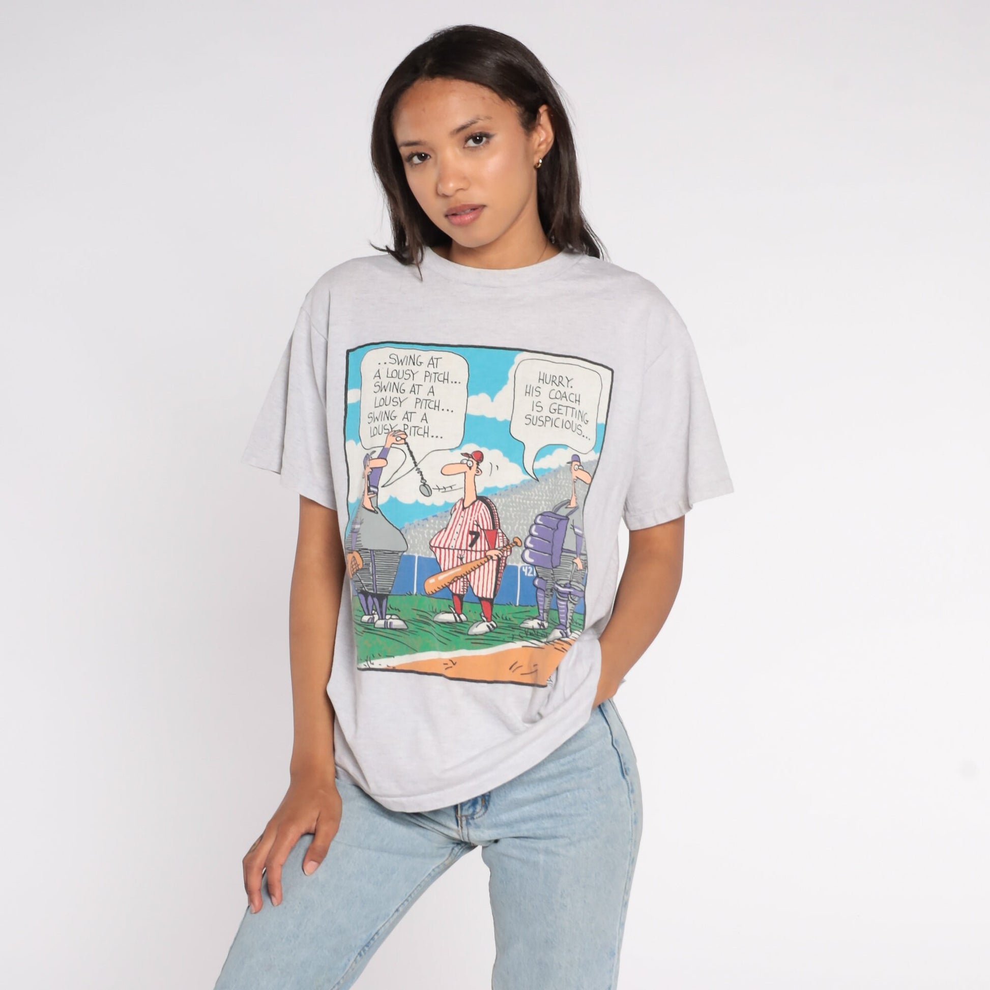 90s In The Bleachers Baseball Comic Graphic T-Shirt Grey Large