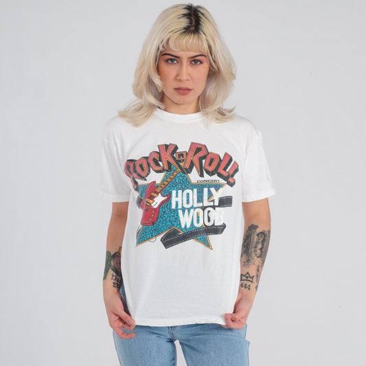 90s Rock n Roll Hollywood Graphic T-Shirt White Guitar Concert Tee Medium
