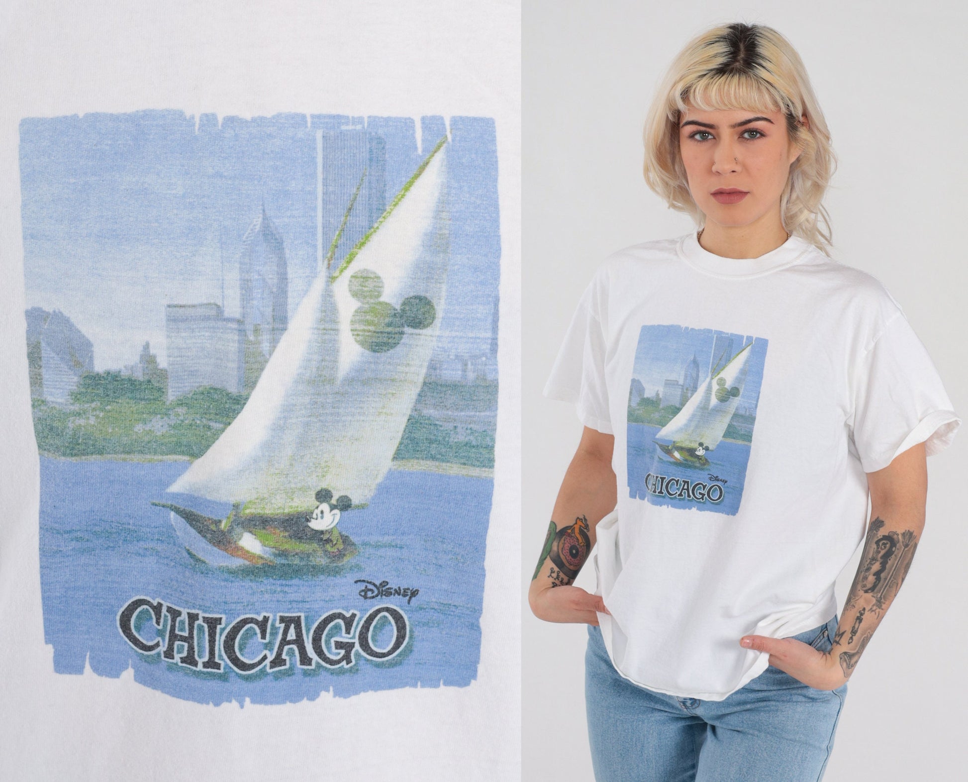 Y2K Disney Chicago Mickey Sailboat Graphic Tee White Cotton Medium M