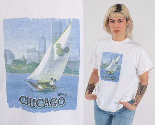 Y2K Disney Chicago Mickey Sailboat Graphic Tee White Cotton Medium M