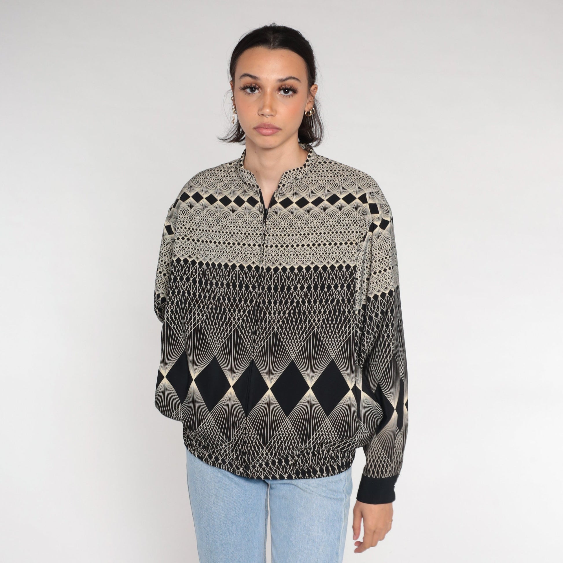 80s Op Art Bomber Jacket Black White Geometric Windbreaker Medium
