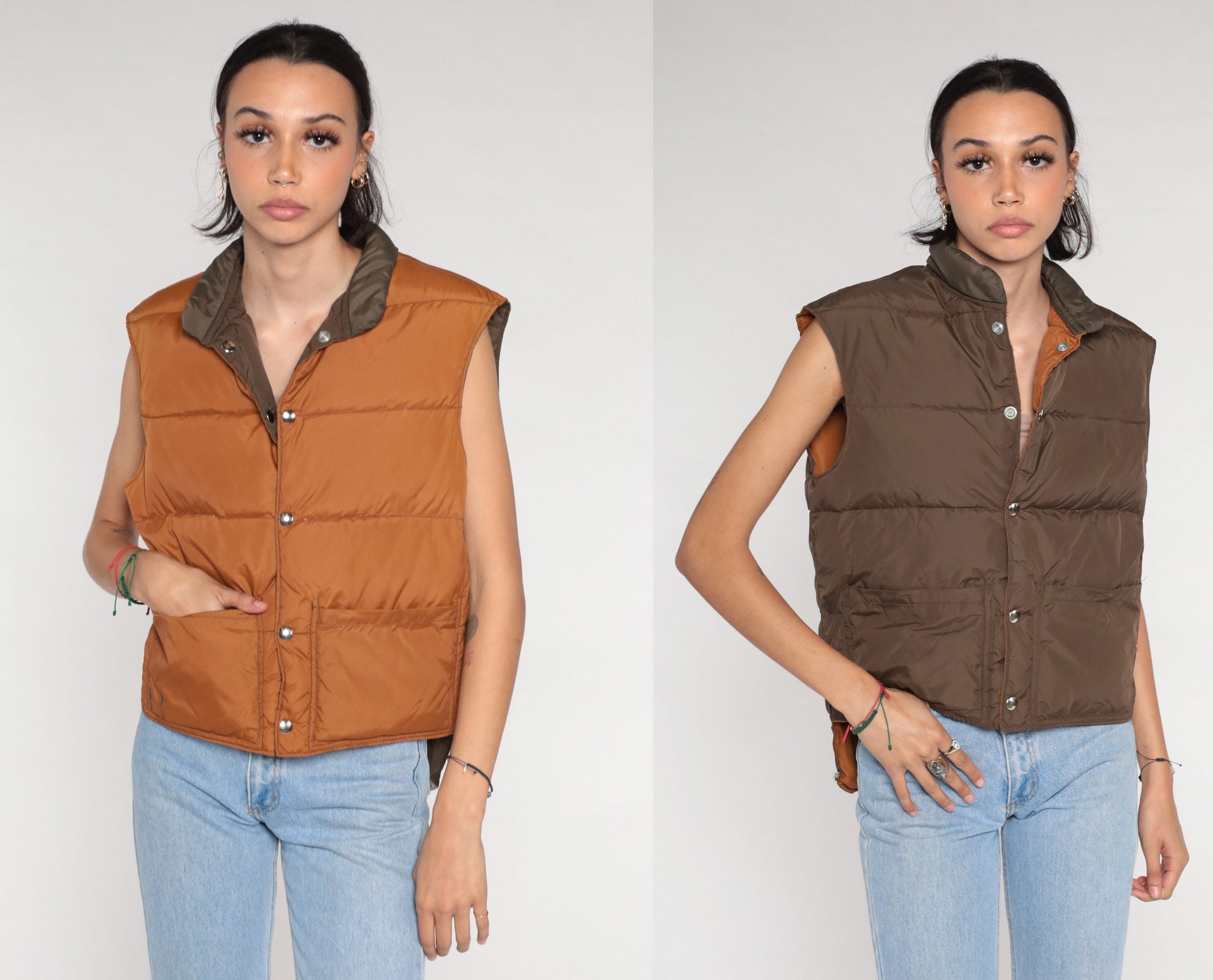 80s Reversible Puffer Vest Brown Down Fill Nylon Sleeveless Small