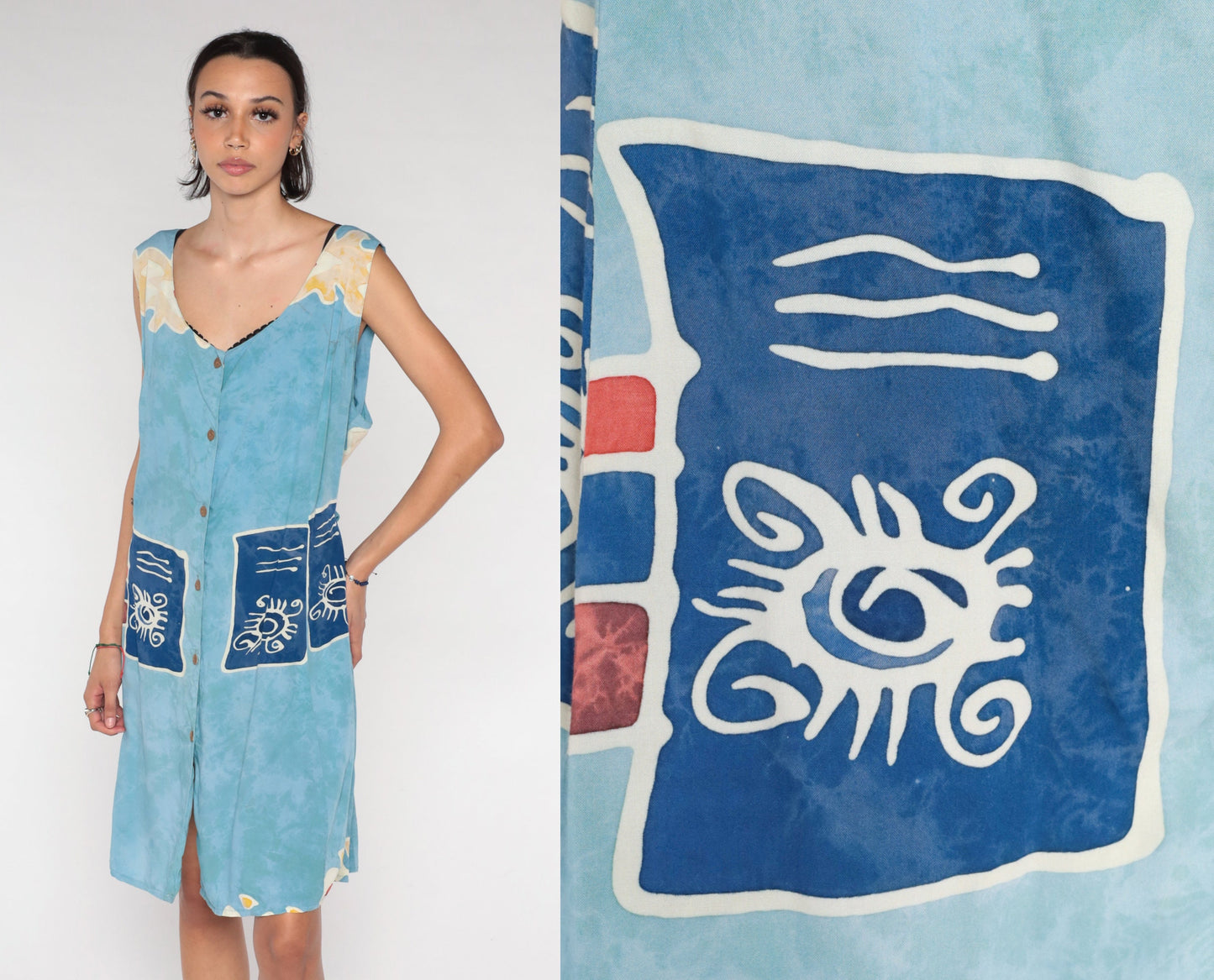 00s Blue Abstract Eye Print Mini Dress Sleeveless Button Front Extra Large XXL