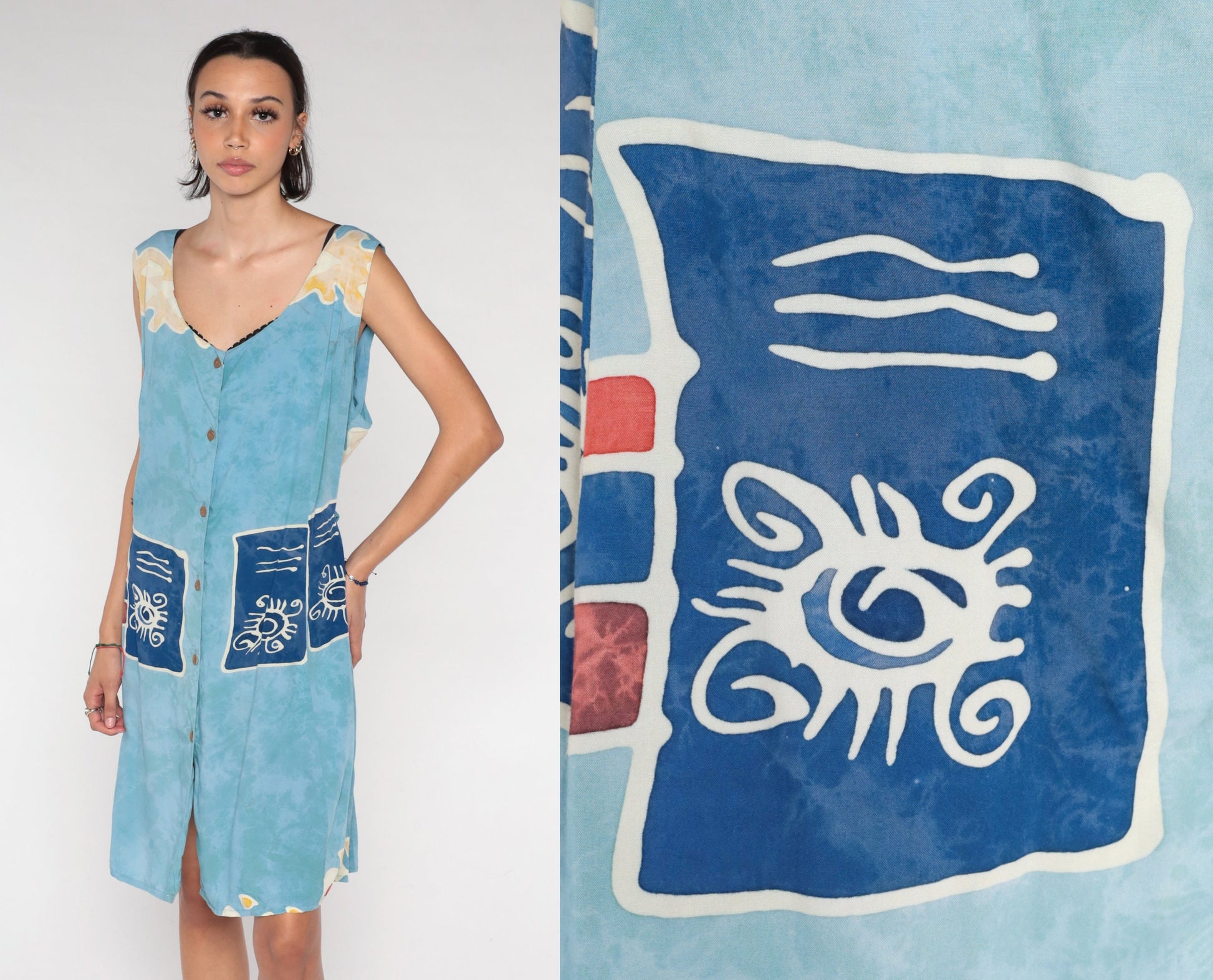 00s Blue Abstract Eye Print Mini Dress Sleeveless Button Front Extra Large XXL