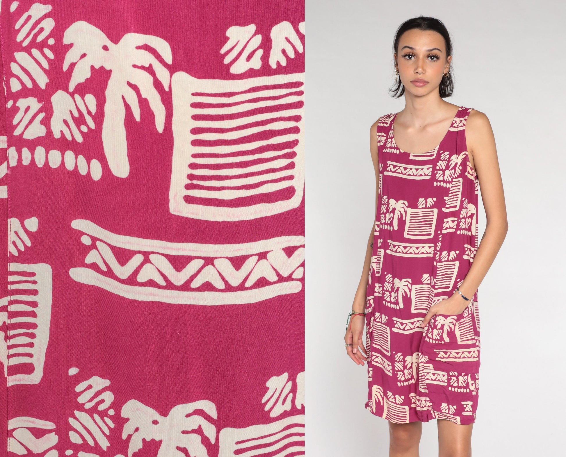 90s Dark Pink Tropical Palm Tree Mini Dress Geometric Print Sleeveless Small