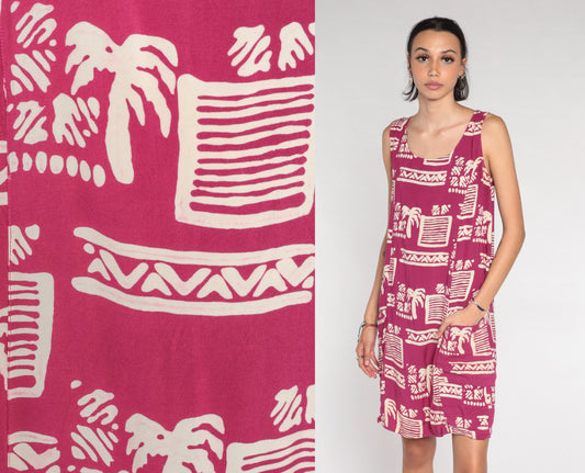 90s Dark Pink Tropical Palm Tree Mini Dress Geometric Print Sleeveless Small