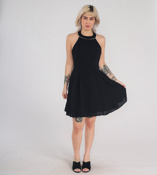 90s Black Velvet Mini Dress Rhinestone Halter Sleeveless Open Back Small