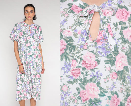 90s Floral Keyhole Tie Midi Dress White Rose Print Short Sleeve Large L