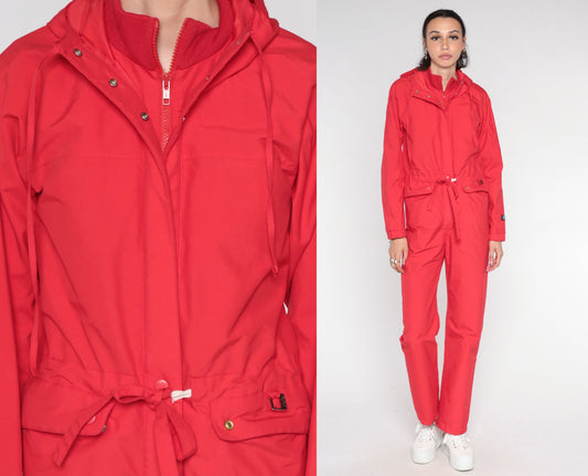 80s Fera Red Gortex Hooded Ski Suit One-Piece Snowsuit Extra Small