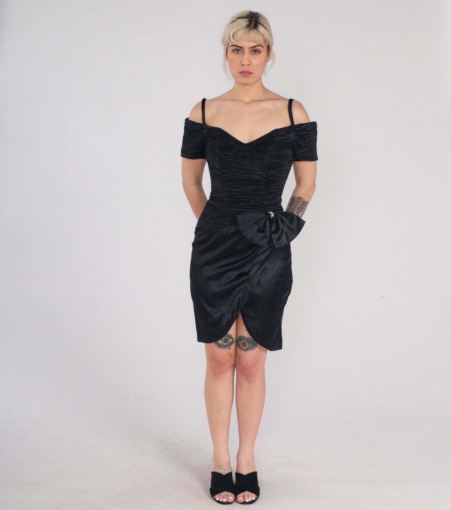 90s Zum Zum Black Velvet Mini Dress Off-Shoulder Rhinestone Bow XS