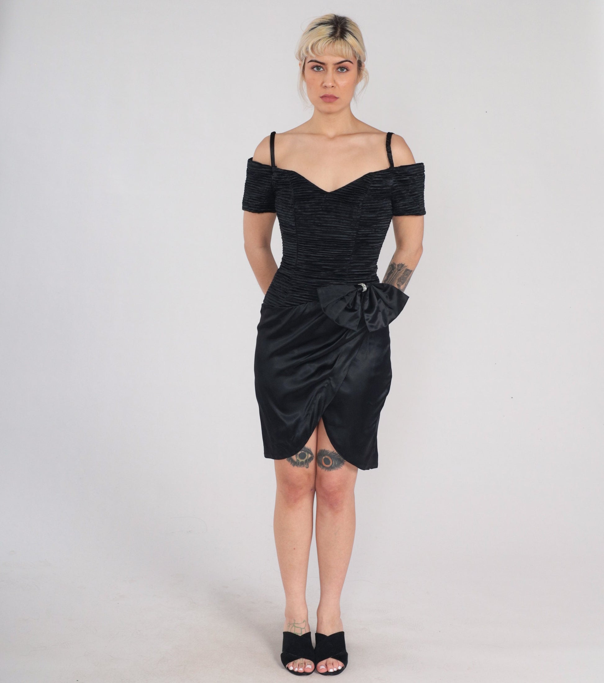 90s Zum Zum Black Velvet Mini Dress Off-Shoulder Rhinestone Bow XS