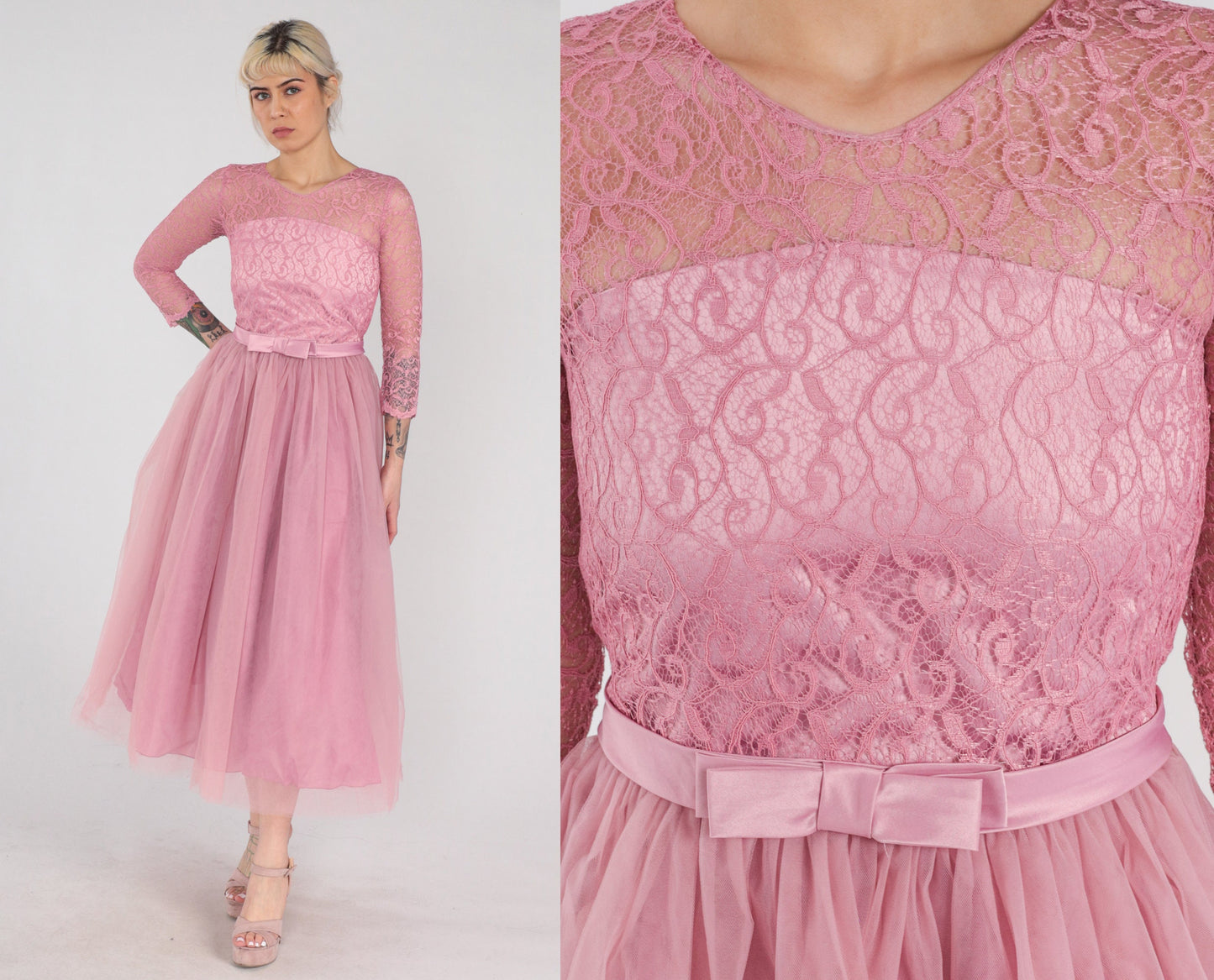 1960s Pink Lace Tulle Midi Dress High Waist Illusion Neckline XXS
