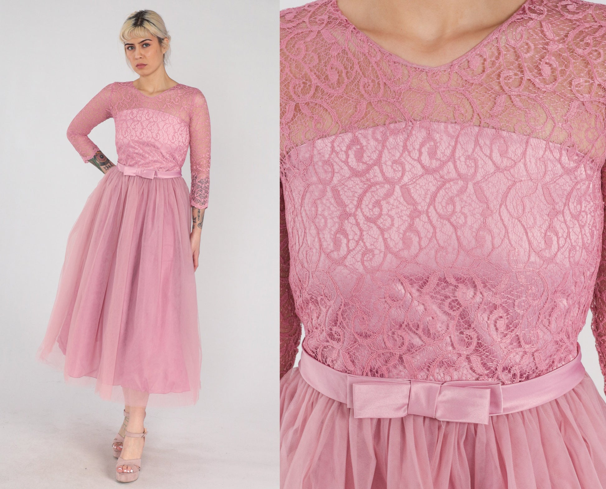 1960s Pink Lace Tulle Midi Dress High Waist Illusion Neckline XXS