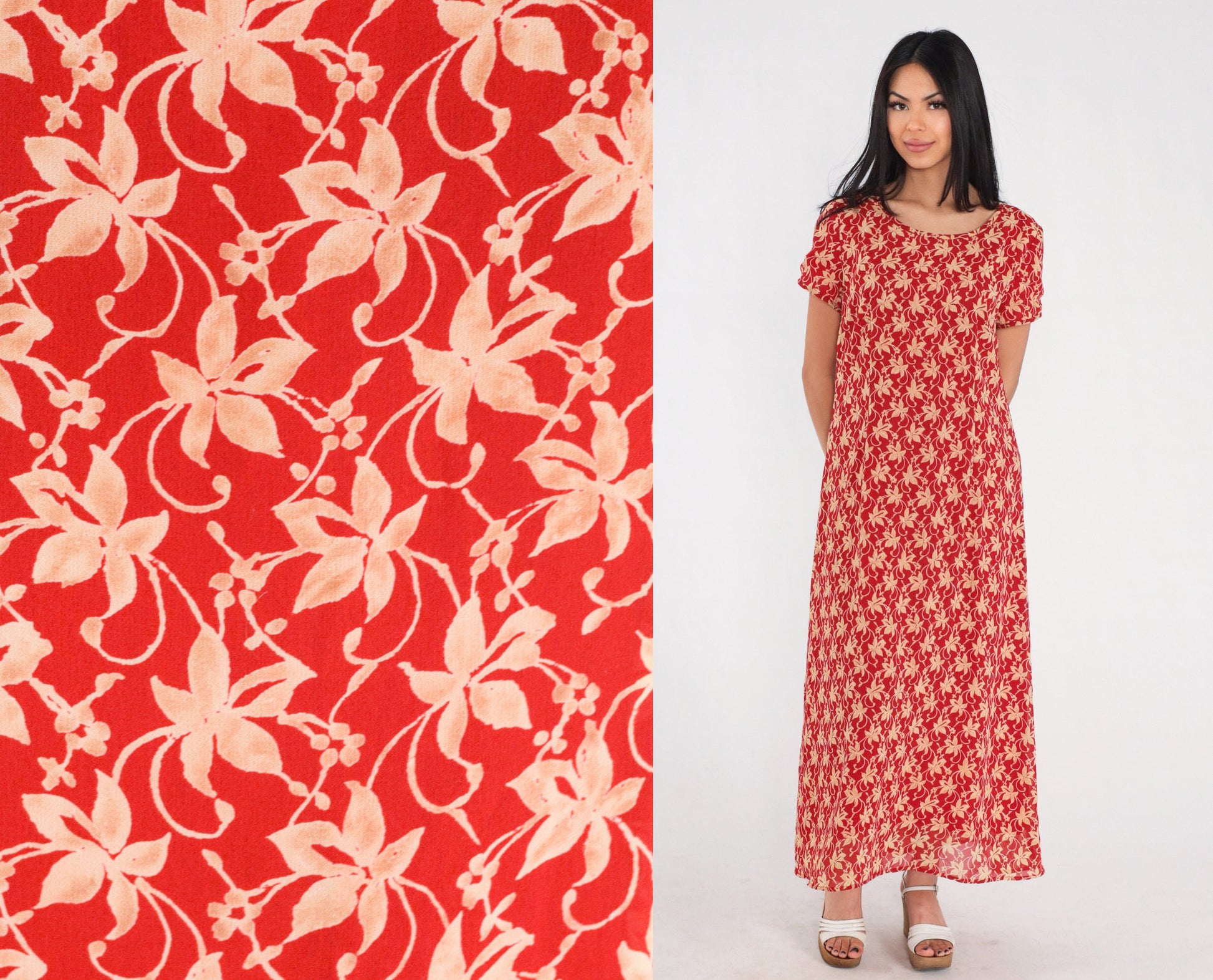 90s Red Floral Maxi Dress Short Sleeve Ankle Length Medium M