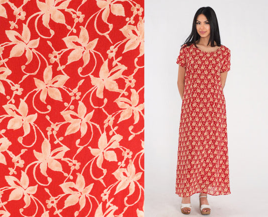 90s Red Floral Maxi Dress Short Sleeve Ankle Length Medium M