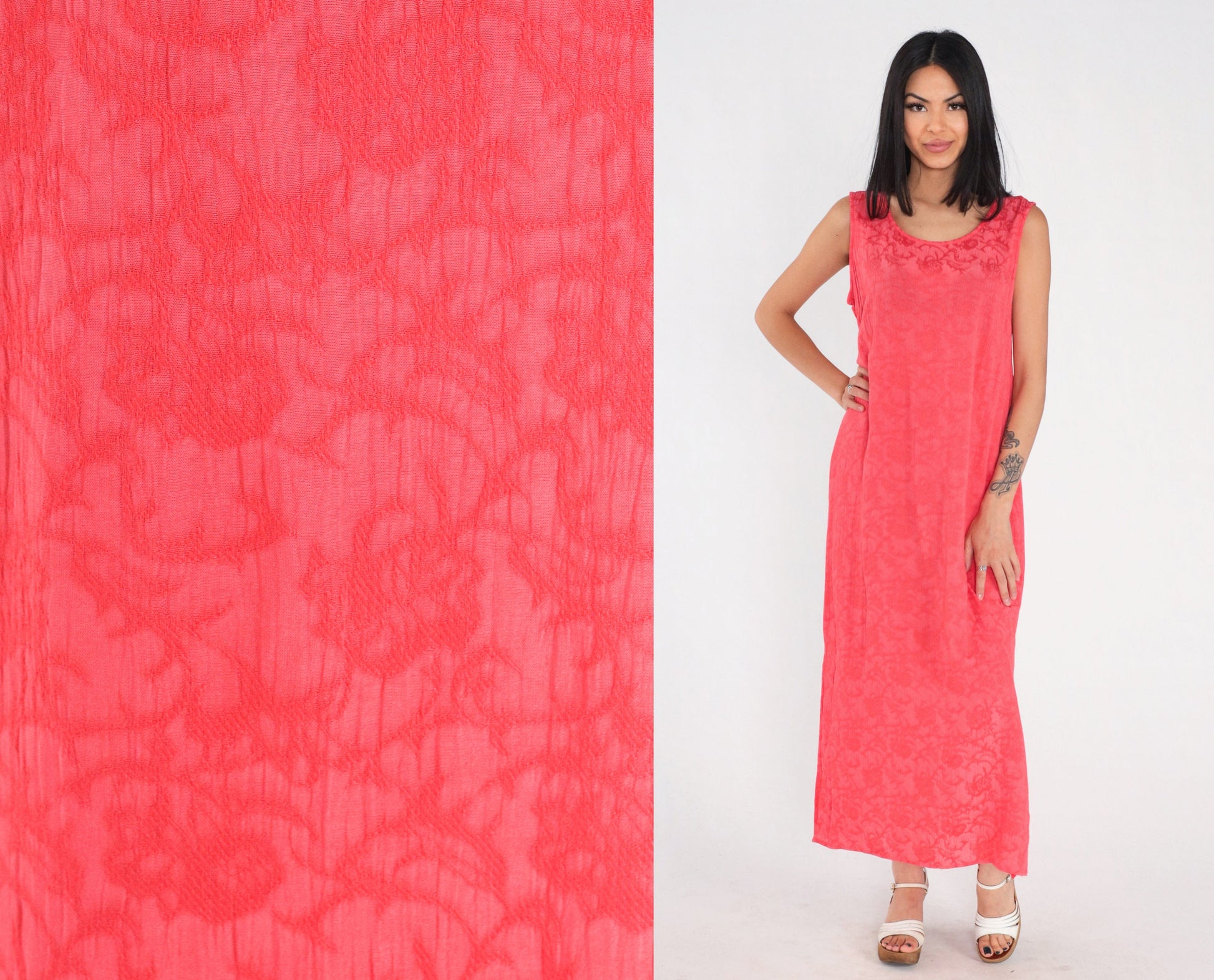 90s Pink Floral Embossed Maxi Dress Sleeveless Side Slit Shift Large 12