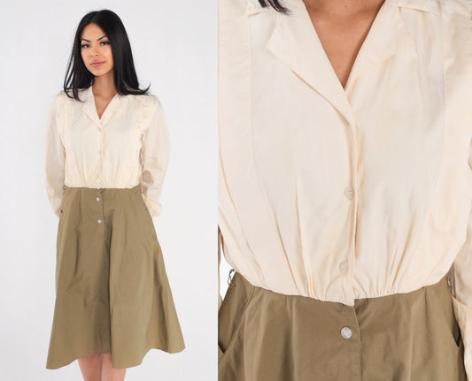80s Leslie Fay Button-Up Shirtwaist Midi Dress Cream Olive Small