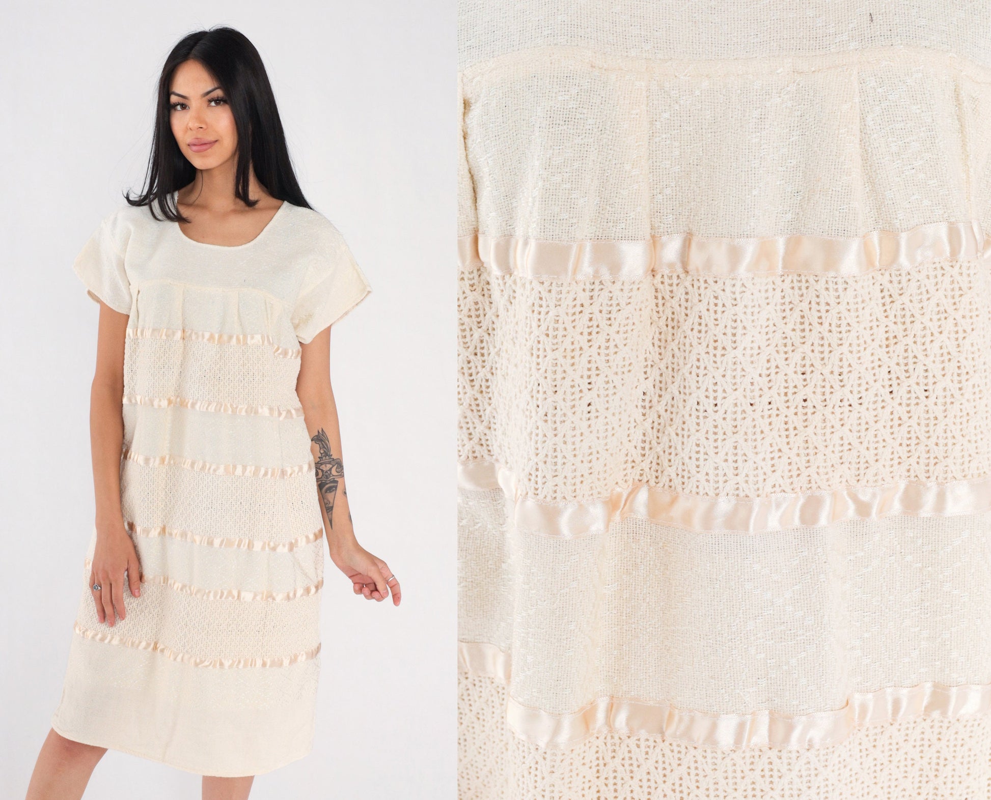 90s Cream Cotton Woven Midi Dress Cap Sleeve Tiered Medium Large