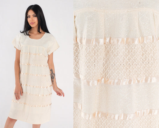 90s Cream Cotton Woven Midi Dress Cap Sleeve Tiered Medium Large
