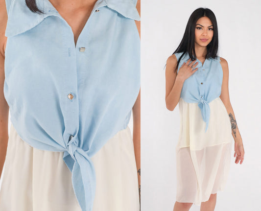 00s Tie Front Mini Dress Blue Bodice White Chiffon Sleeveless Small S