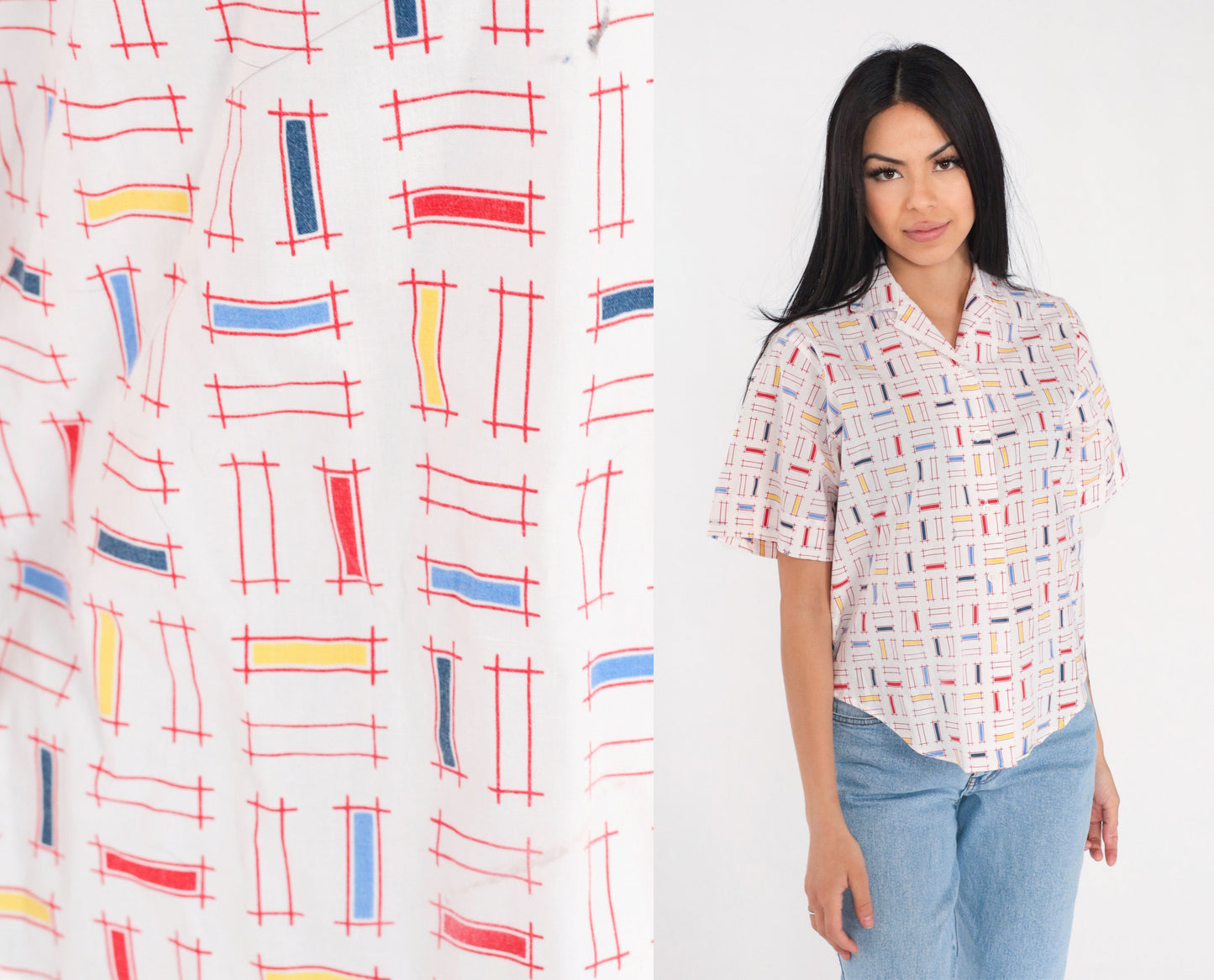 90s White Button Up Blouse Multicolor Geometric Lattice Print Short Sleeve Small