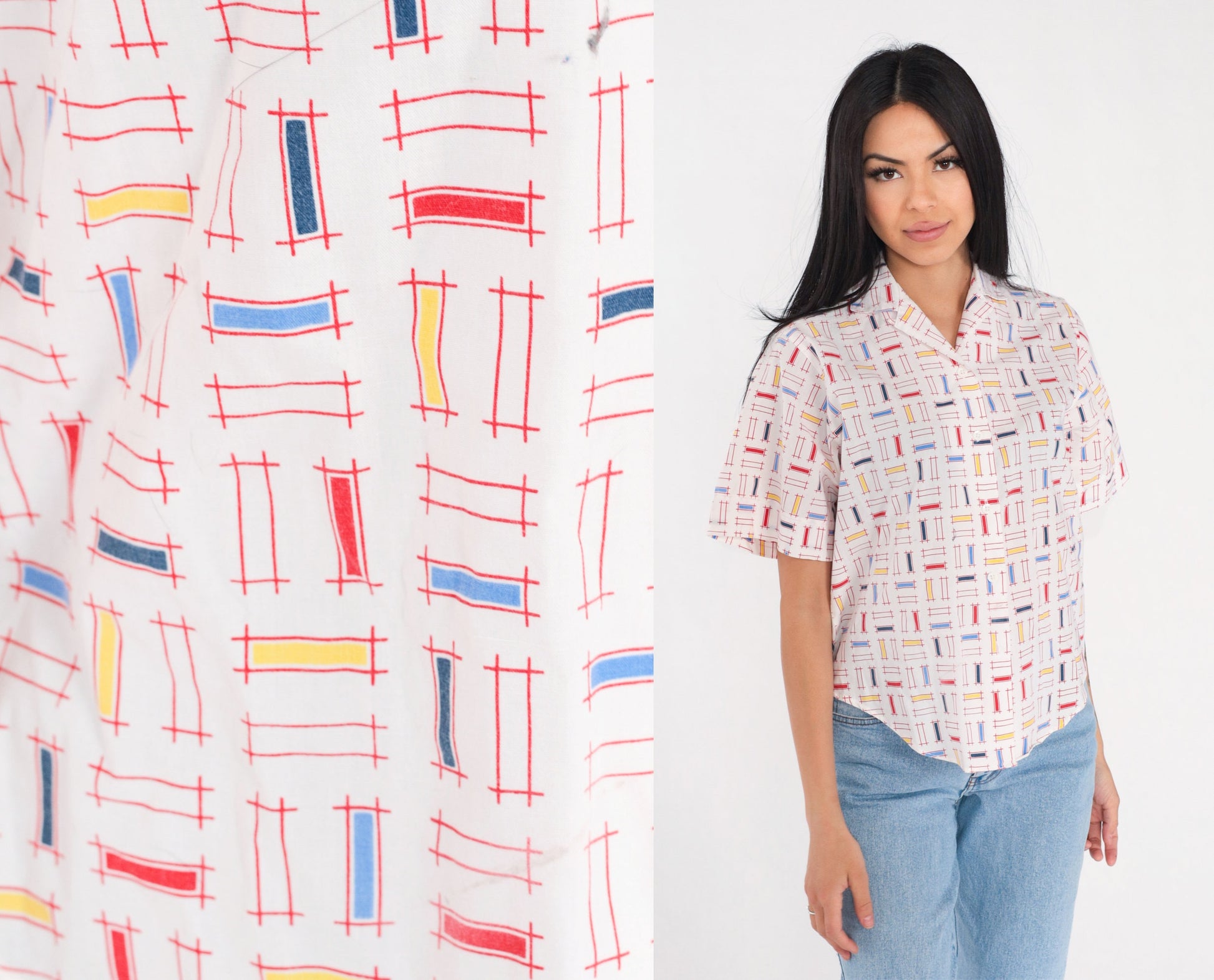 90s White Button Up Blouse Multicolor Geometric Lattice Print Short Sleeve Small