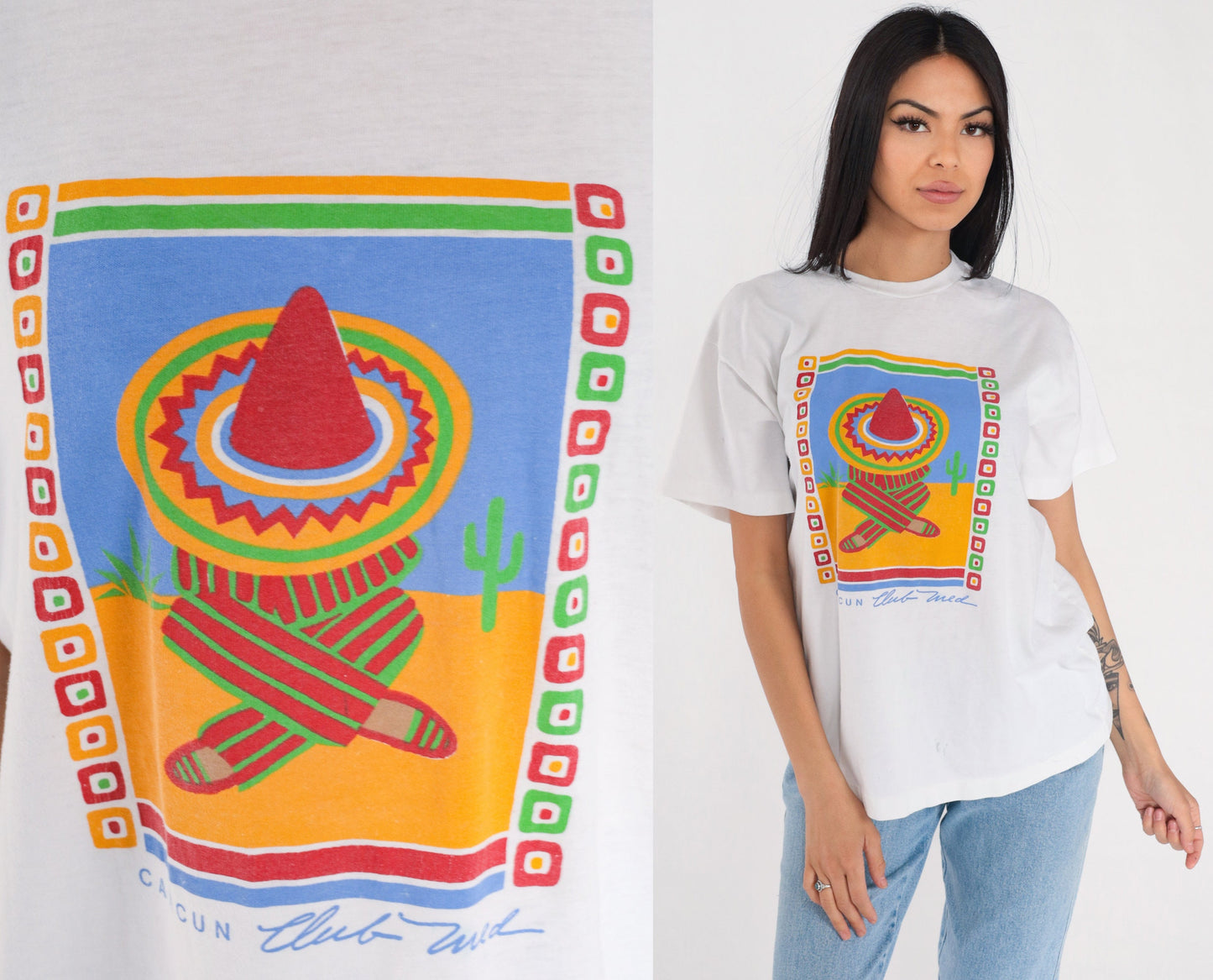 90s Cancun Club Med Graphic T-Shirt Sombrero Cactus Single Stitch XL
