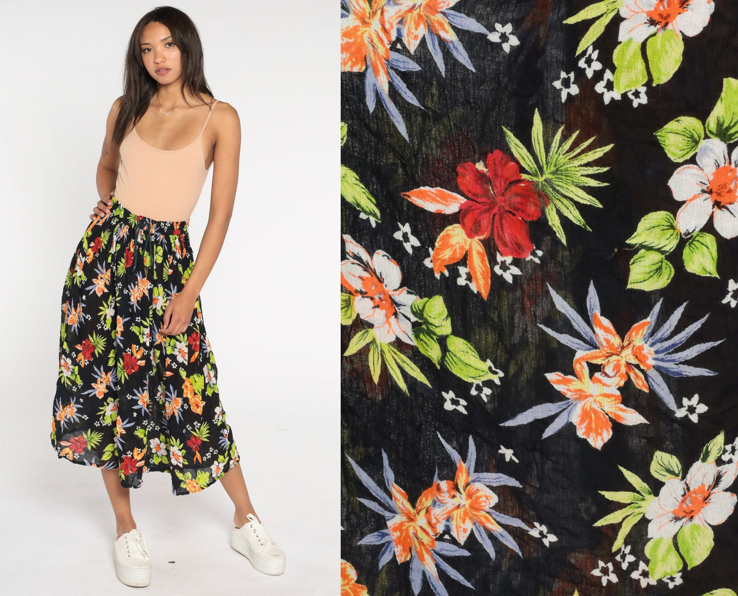 00s Floral Broomstick Midi Skirt Black Tropical Gauze Drawstring One Size