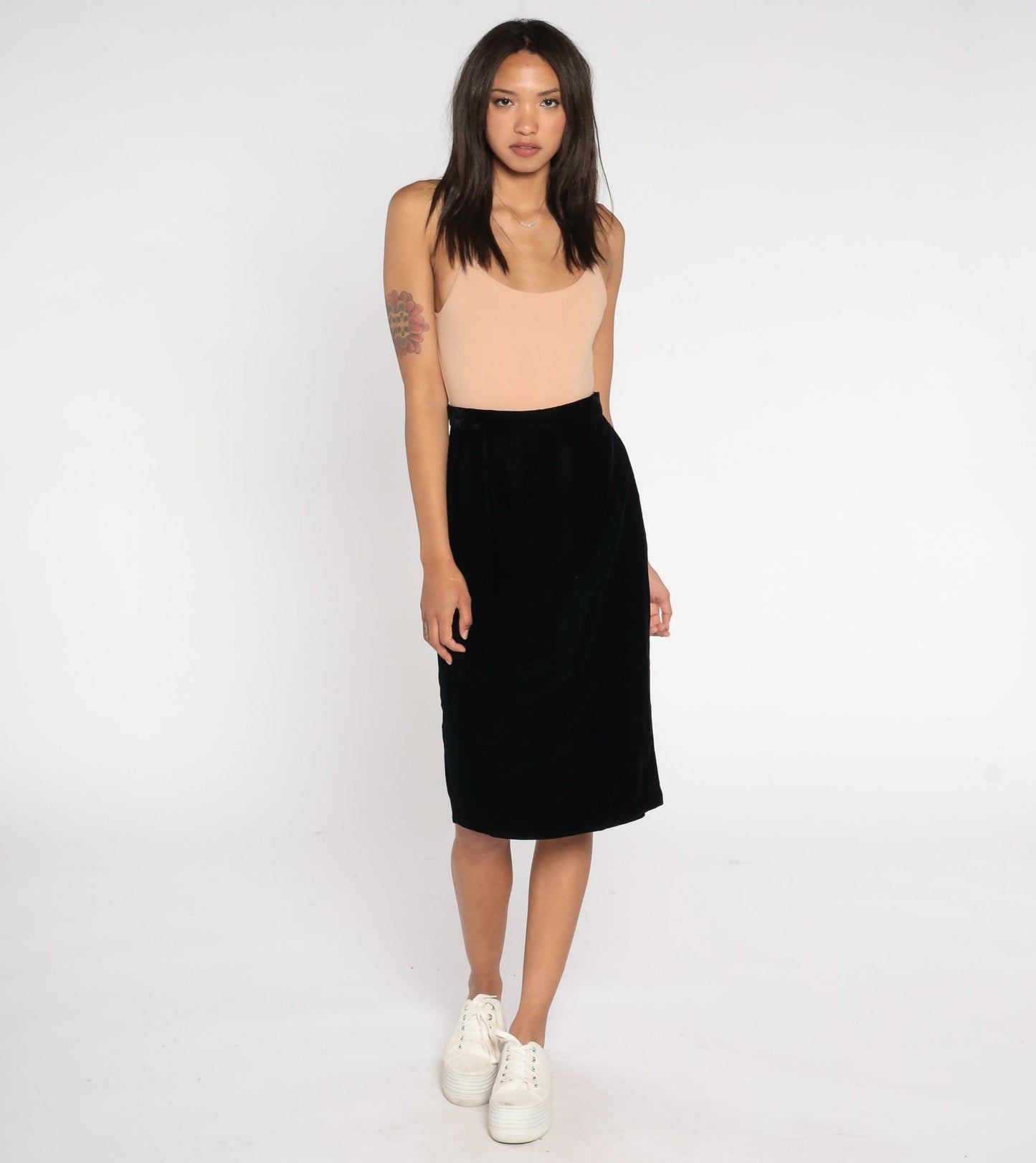 90s Black Velvet Midi Pencil Skirt High Waist Small