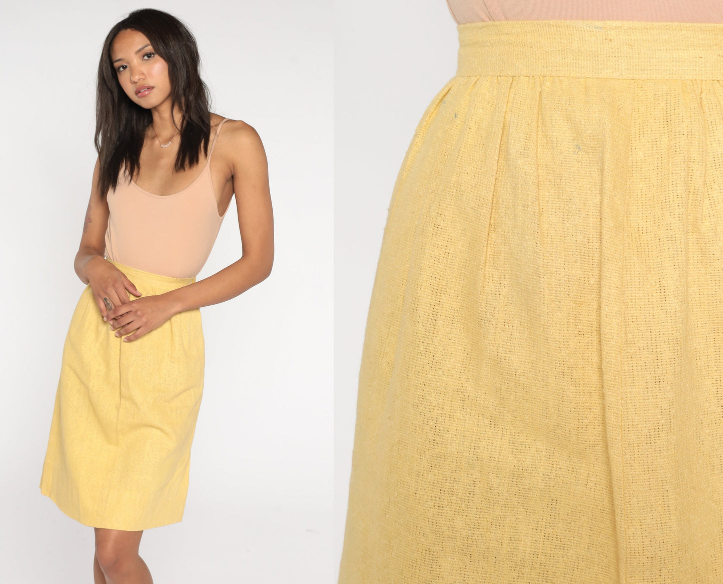 60s Yellow Pencil Skirt High Waisted Mini Linen XXS