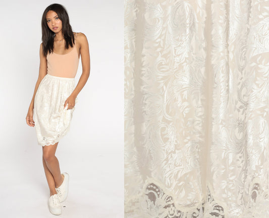 90s White Embossed Midi Slip Skirt Lace Trim High Waist Small