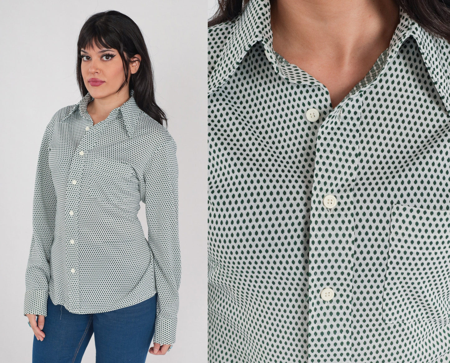 70s Arrow Button-Up Shirt White Green Dot Print Dagger Collar Medium