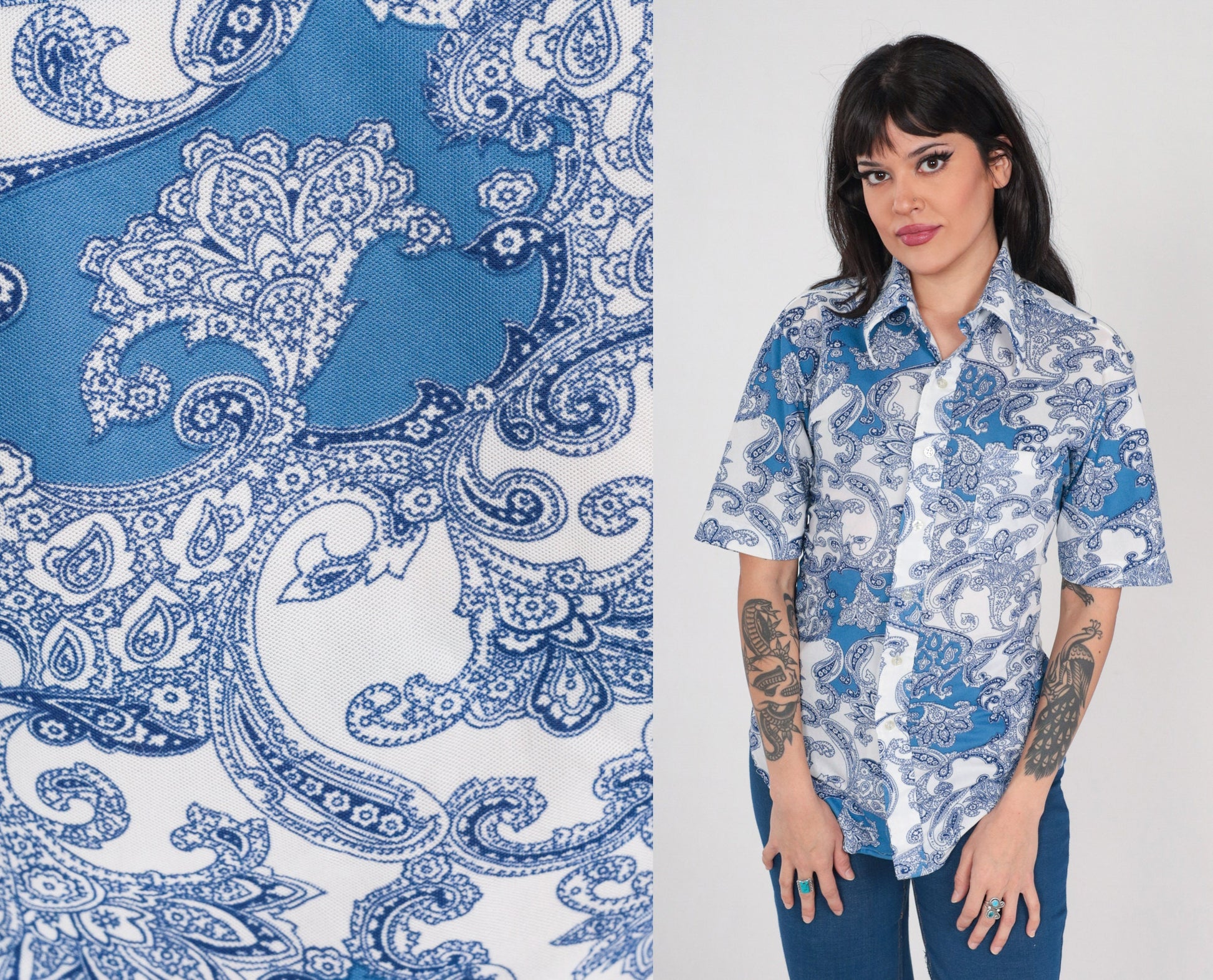 70s Paisley Button-Up Shirt White Blue Psychedelic Disco Collar Medium