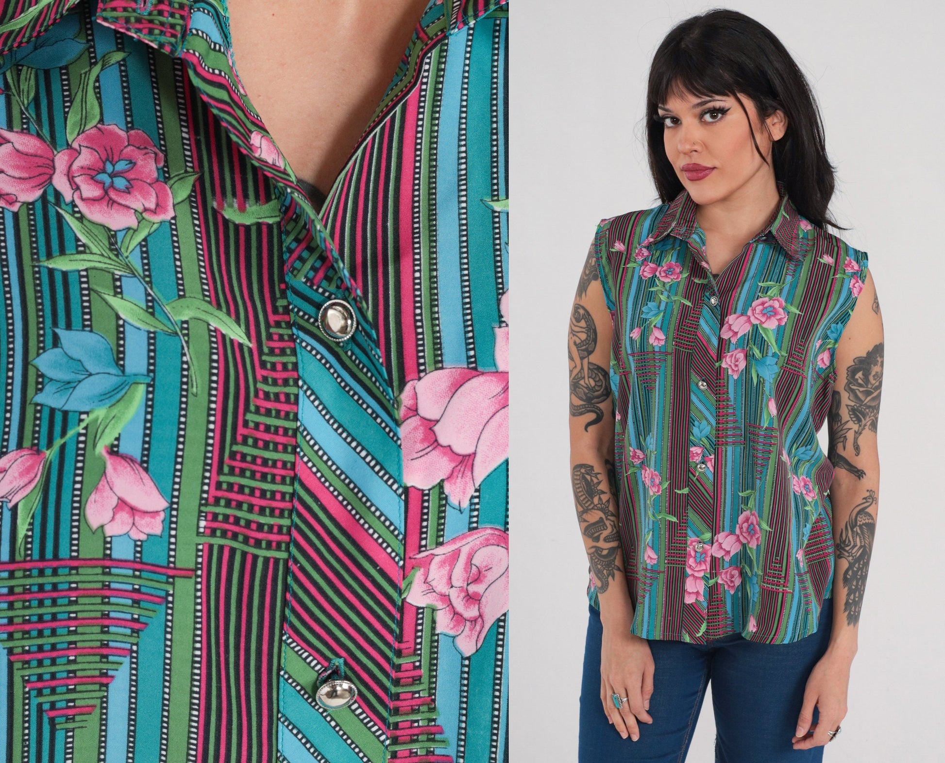 70s Striped Floral Button-Up Tank Top Collared Sleeveless Blouse Large