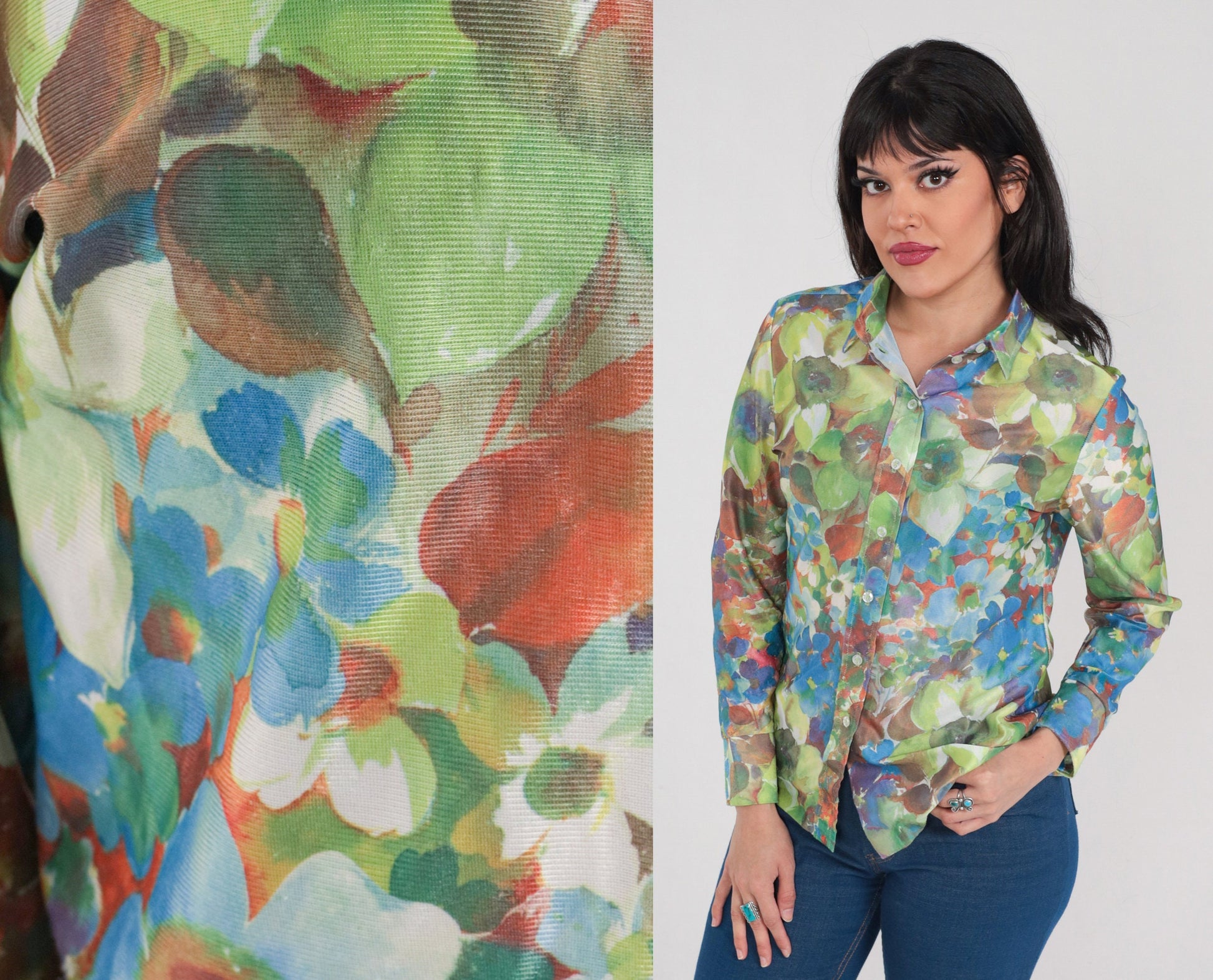 70s Floral Button-Up Blouse Long Sleeve Collared Shirt Green Blue Orange Medium