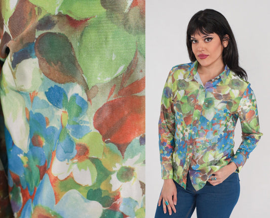70s Floral Button-Up Blouse Long Sleeve Collared Shirt Green Blue Orange Medium