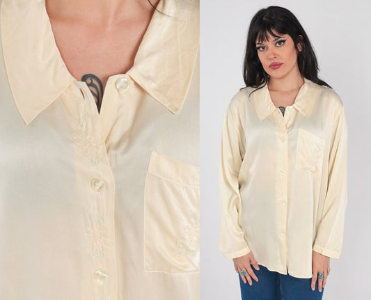 90s Cream Silk Blouse Floral Embroidered Button Up Long Sleeve Extra Large XL