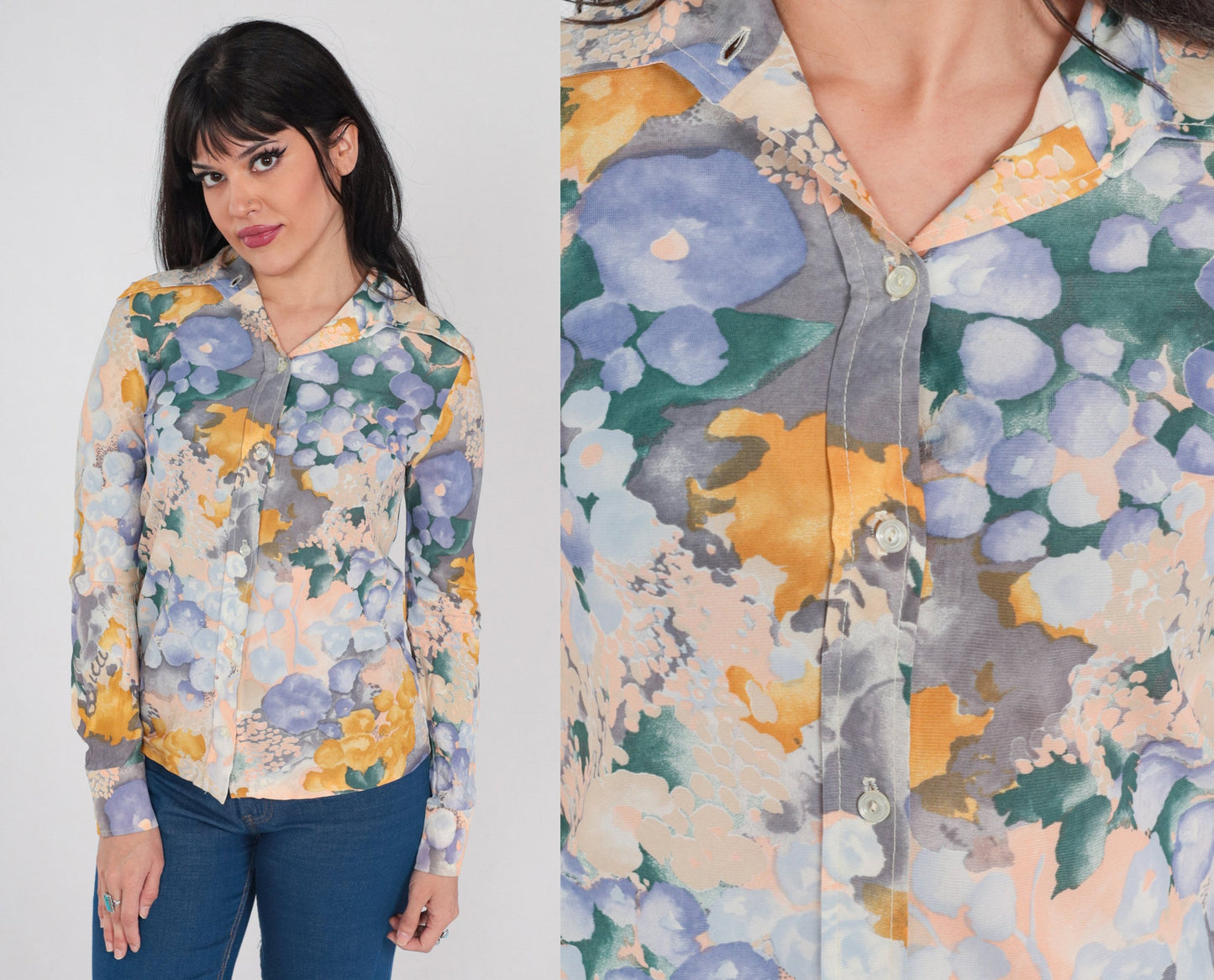70s Watercolor Floral Button-Up Blouse Dagger Collar Long Sleeve Purple Green Extra Small