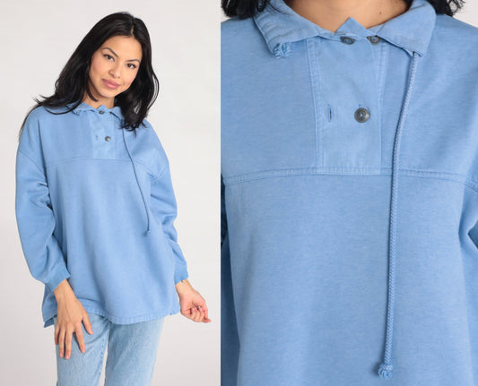 90s Cornflower Blue Sweatshirt Drawstring Neckline Polo Pullover Medium