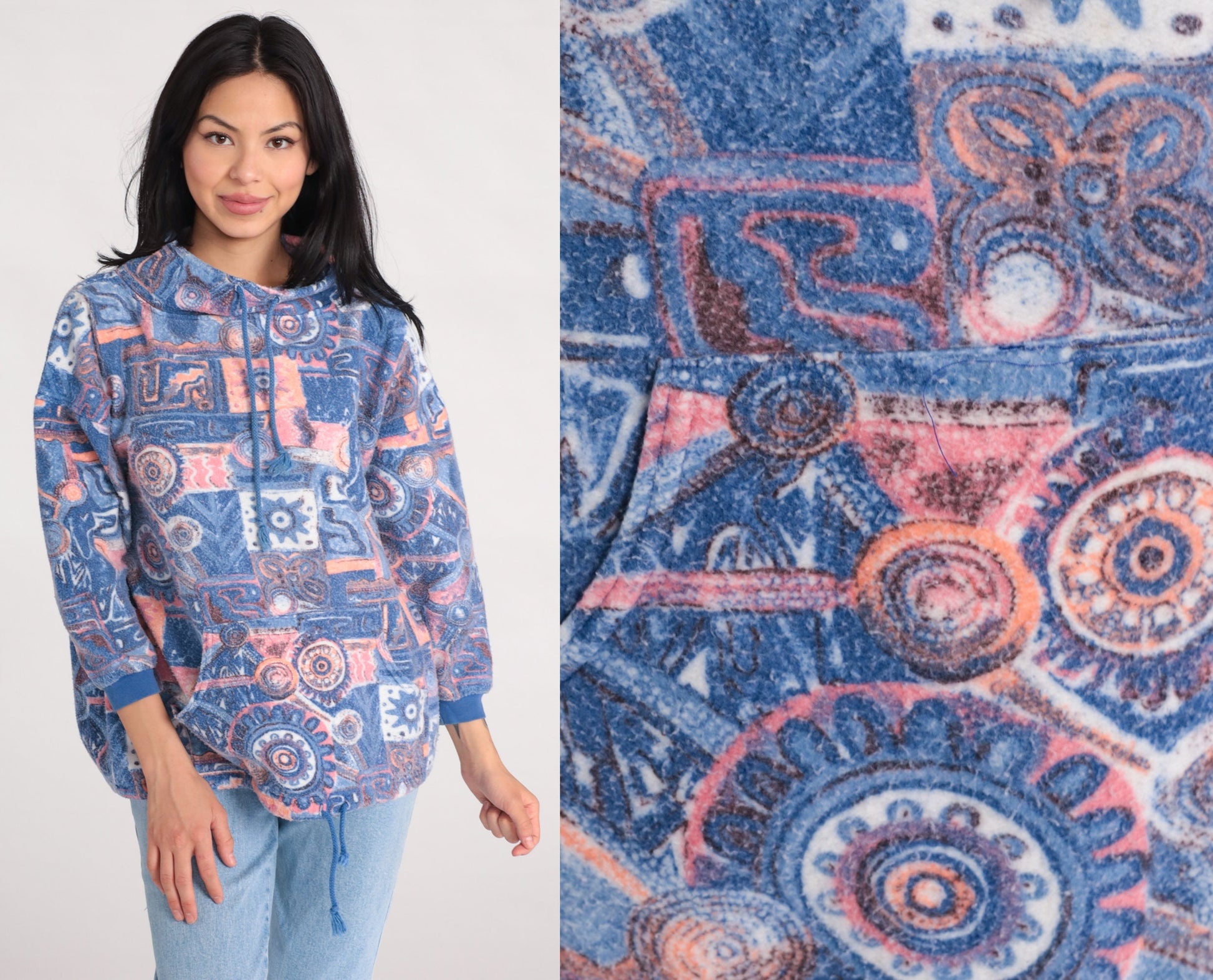 90s Blue Geometric Fleece Pullover Sweatshirt Drawstring Funnel Neck Small S