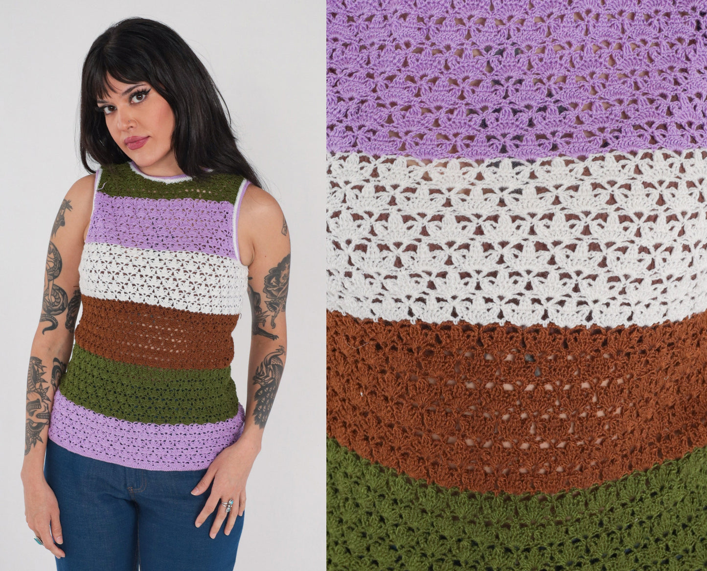70s Striped Crochet Tank Top Multicolor Knit Sleeveless Small