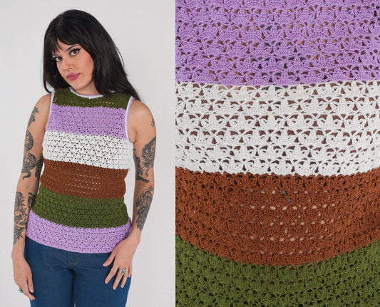 70s Striped Crochet Tank Top Multicolor Knit Sleeveless Small