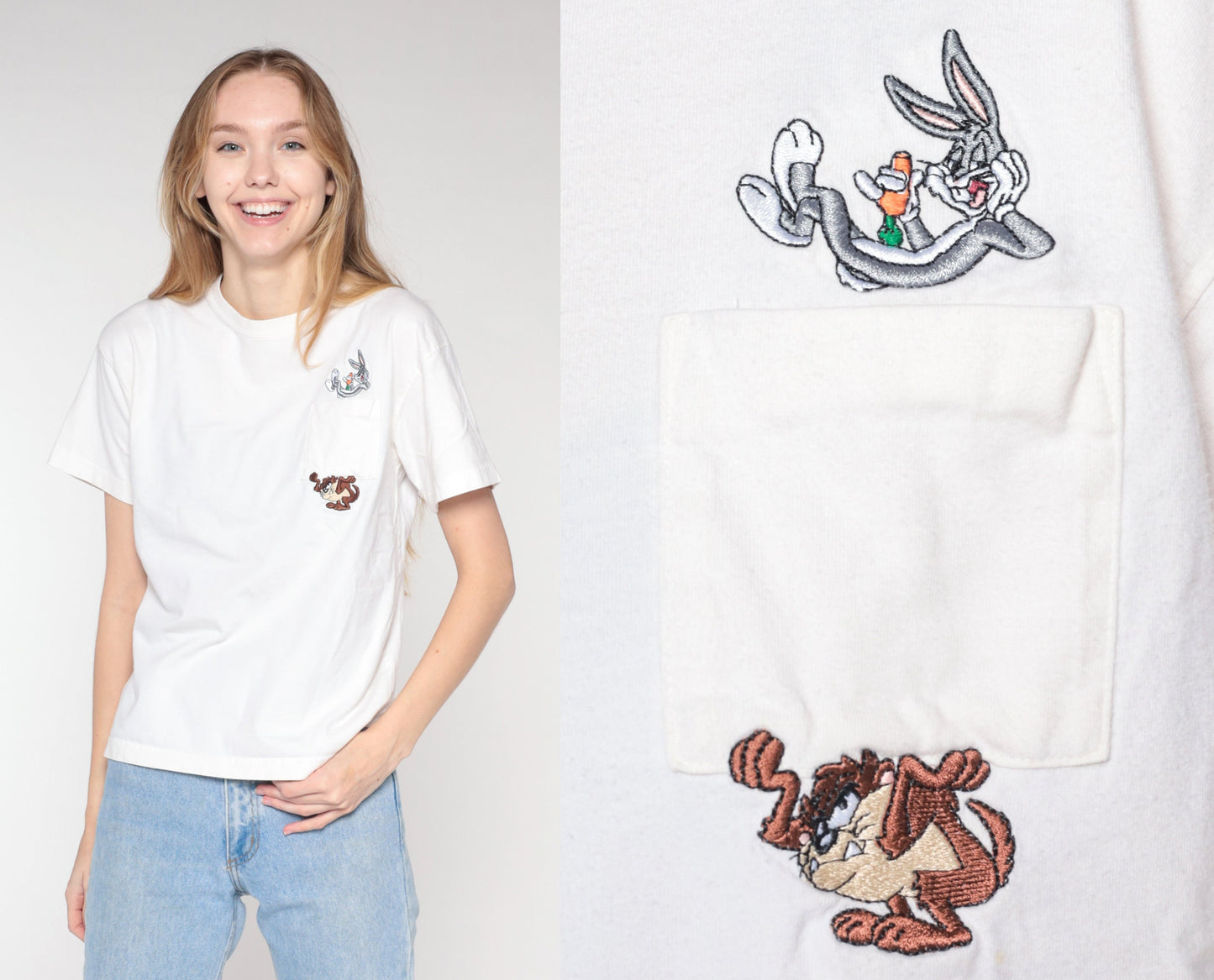 00s Warner Bros Looney Tunes Embroidered Pocket Tee White Medium M