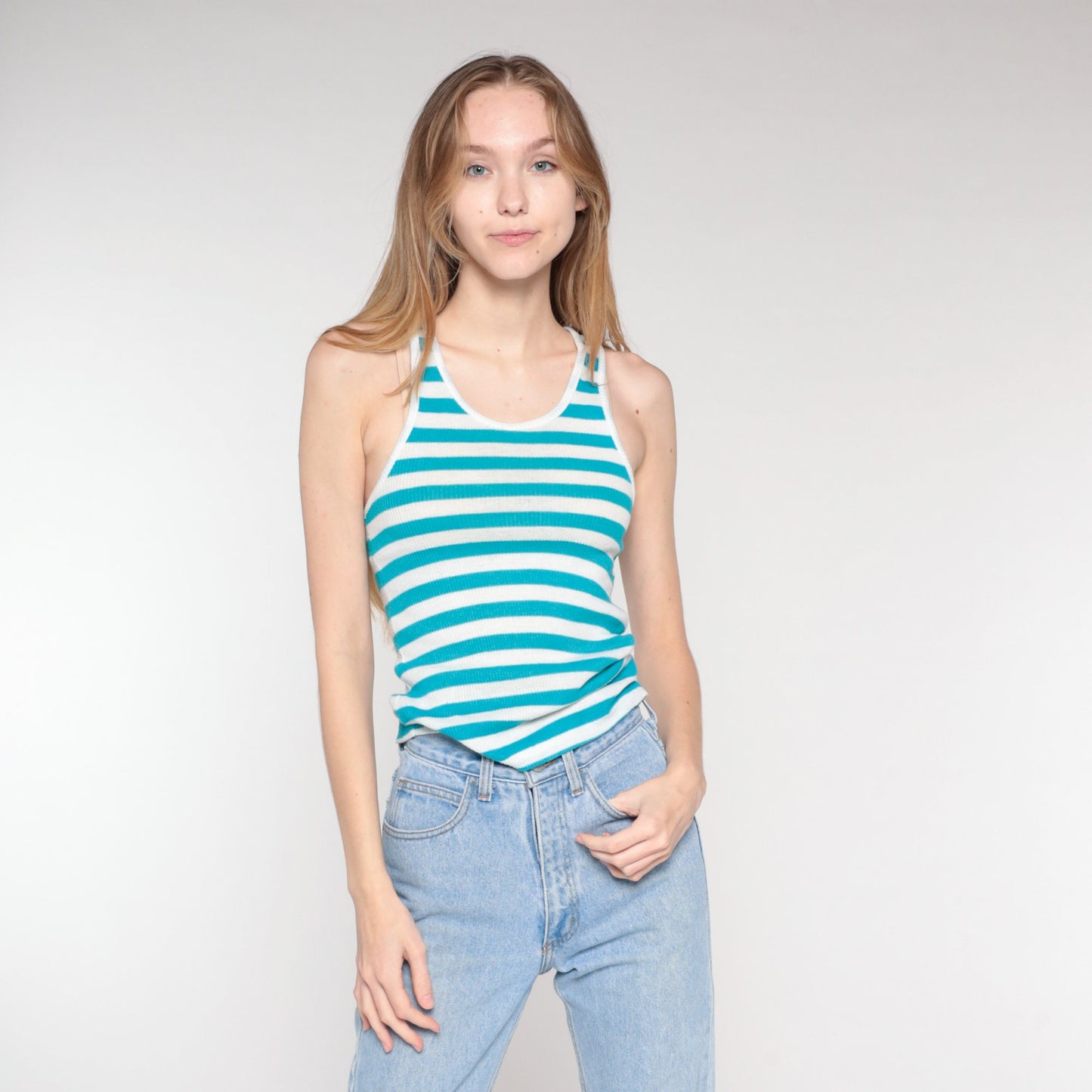 90s Blue White Striped Ribbed Tank Top Racerback XS