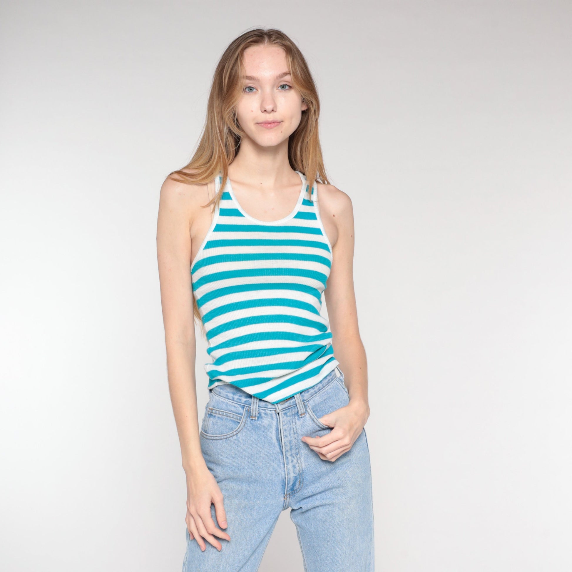 90s Blue White Striped Ribbed Tank Top Racerback XS