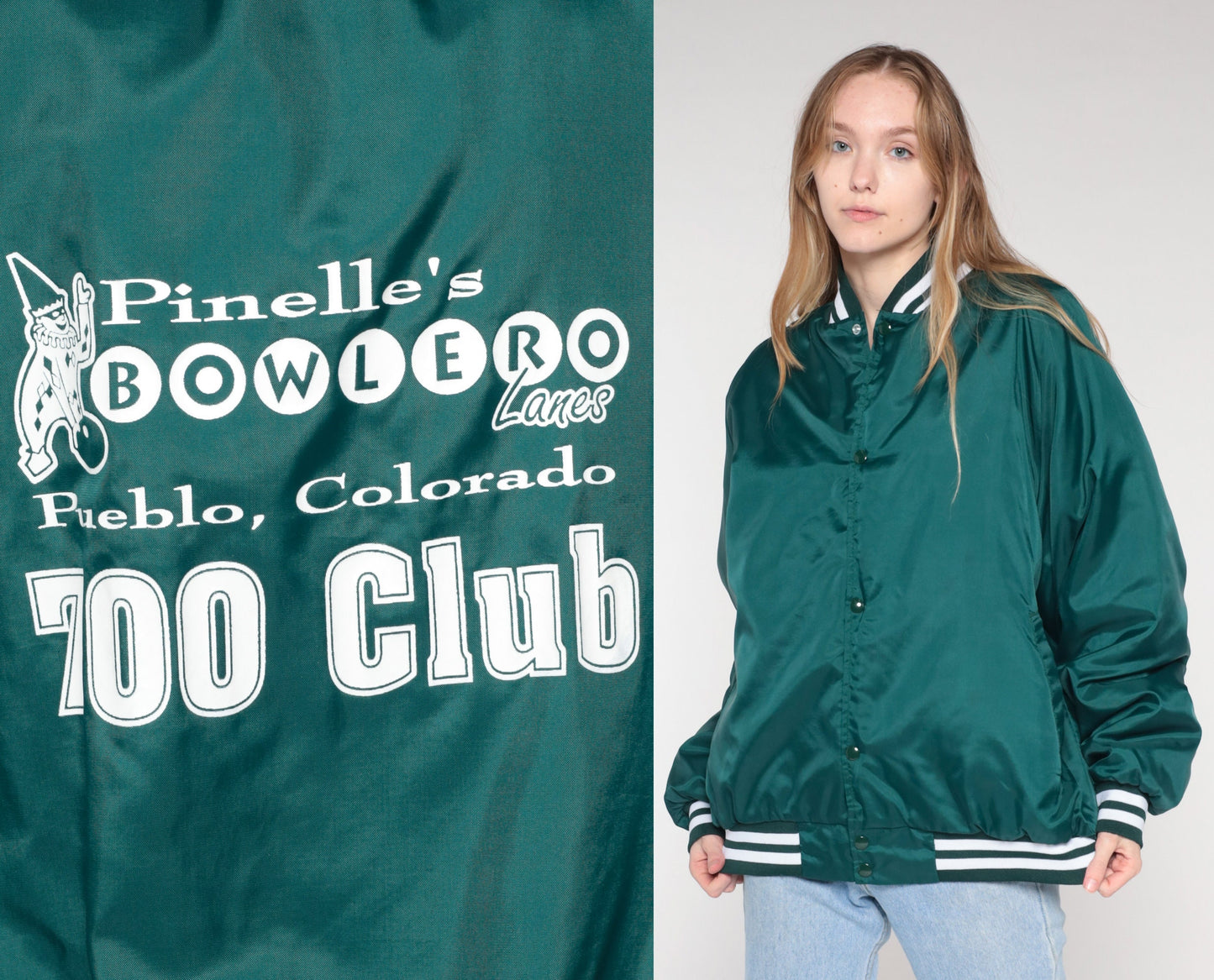 80s Pinelle's Bowlero Lanes Bomber Jacket Green Quilted Snap Coat Extra Large XL