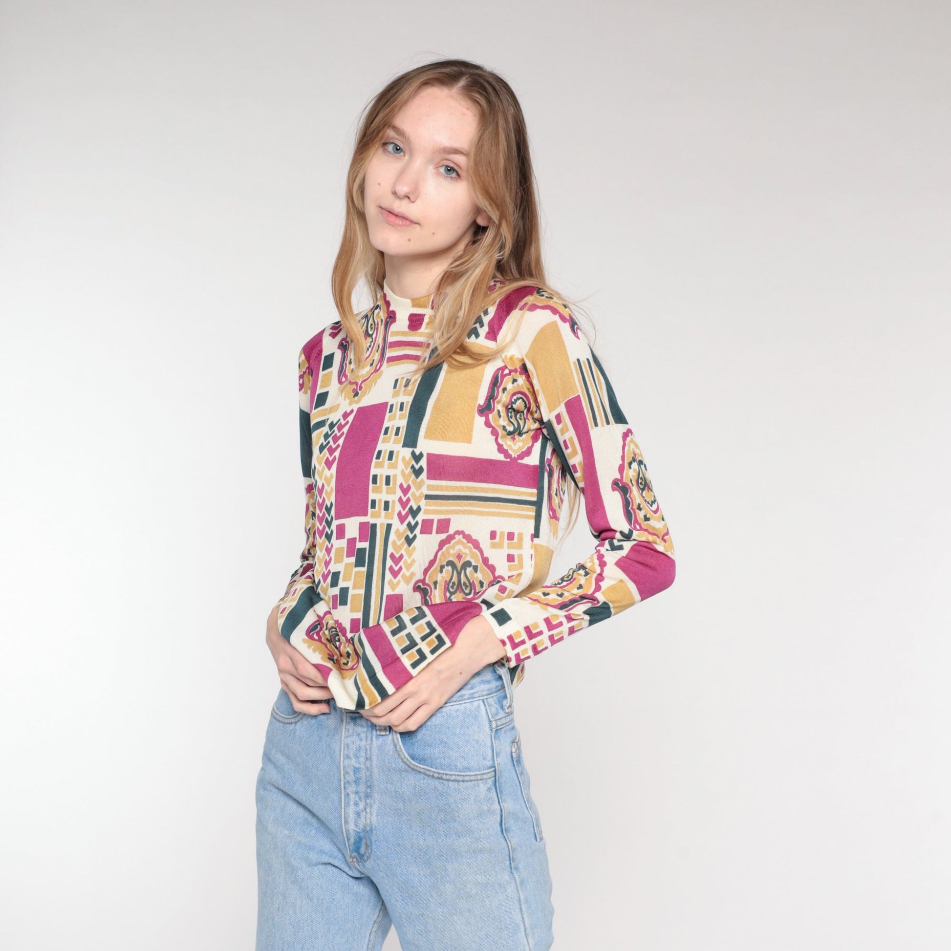70s Abstract Geometric Paisley Knit Top Mock Neck Long Sleeve Small