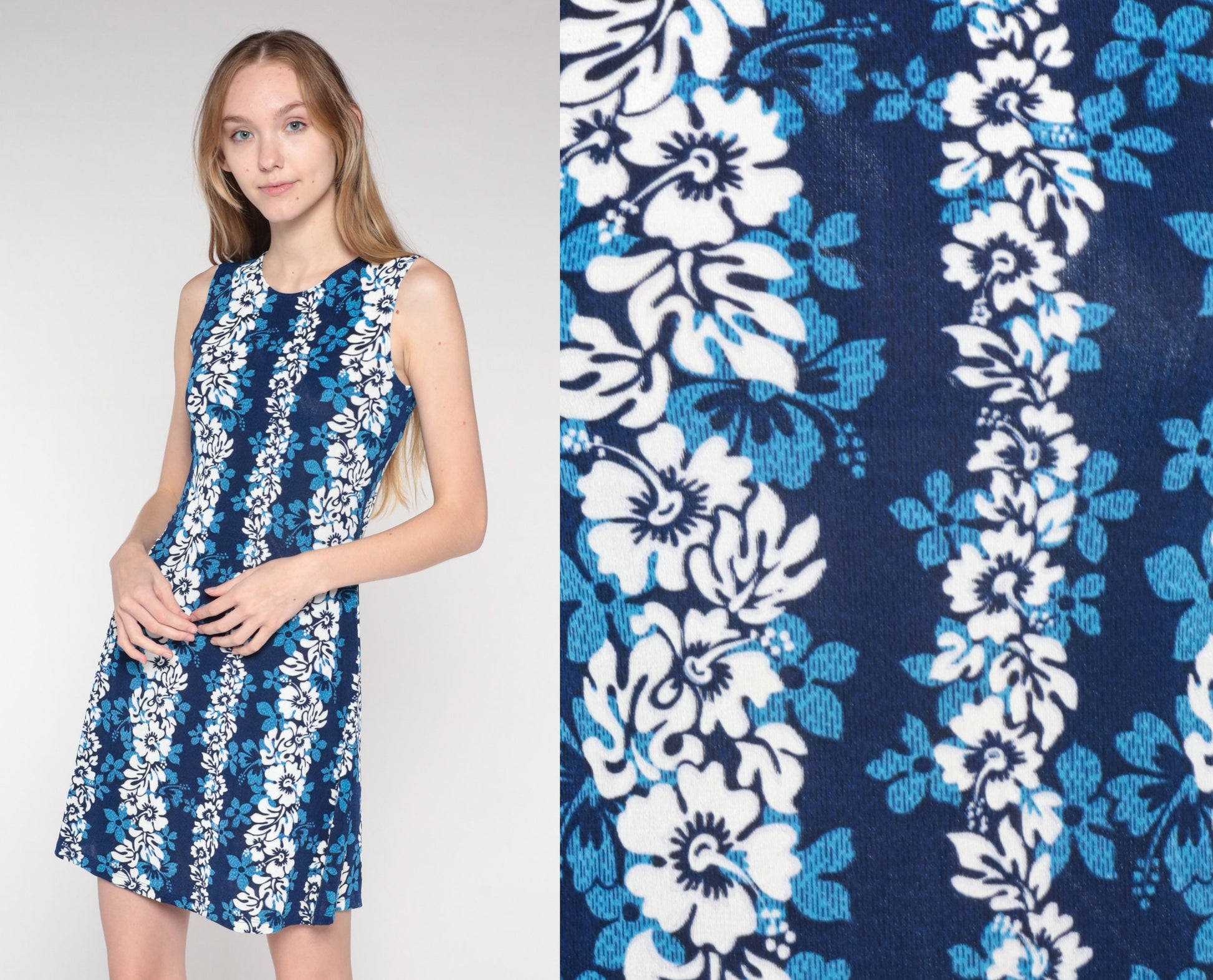 90s Blue Hawaiian Floral Mini Dress Sleeveless Shift Sundress Small