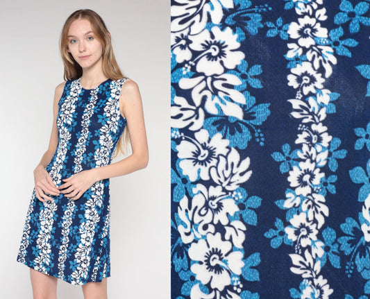 90s Blue Hawaiian Floral Mini Dress Sleeveless Shift Sundress Small