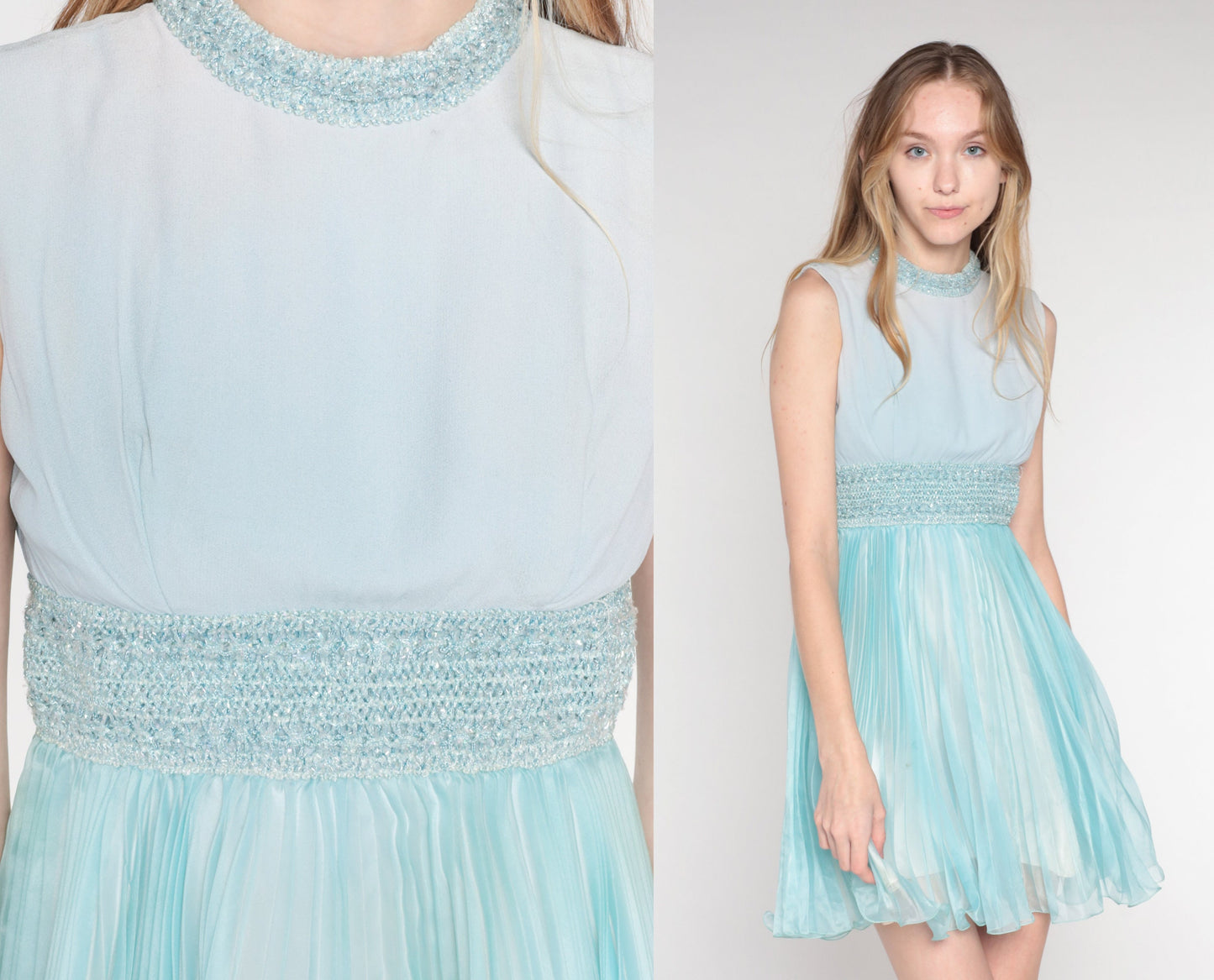 60s Blue Sparkly Empire Waist Mini Dress Sleeveless Pleated Cocktail Extra Small